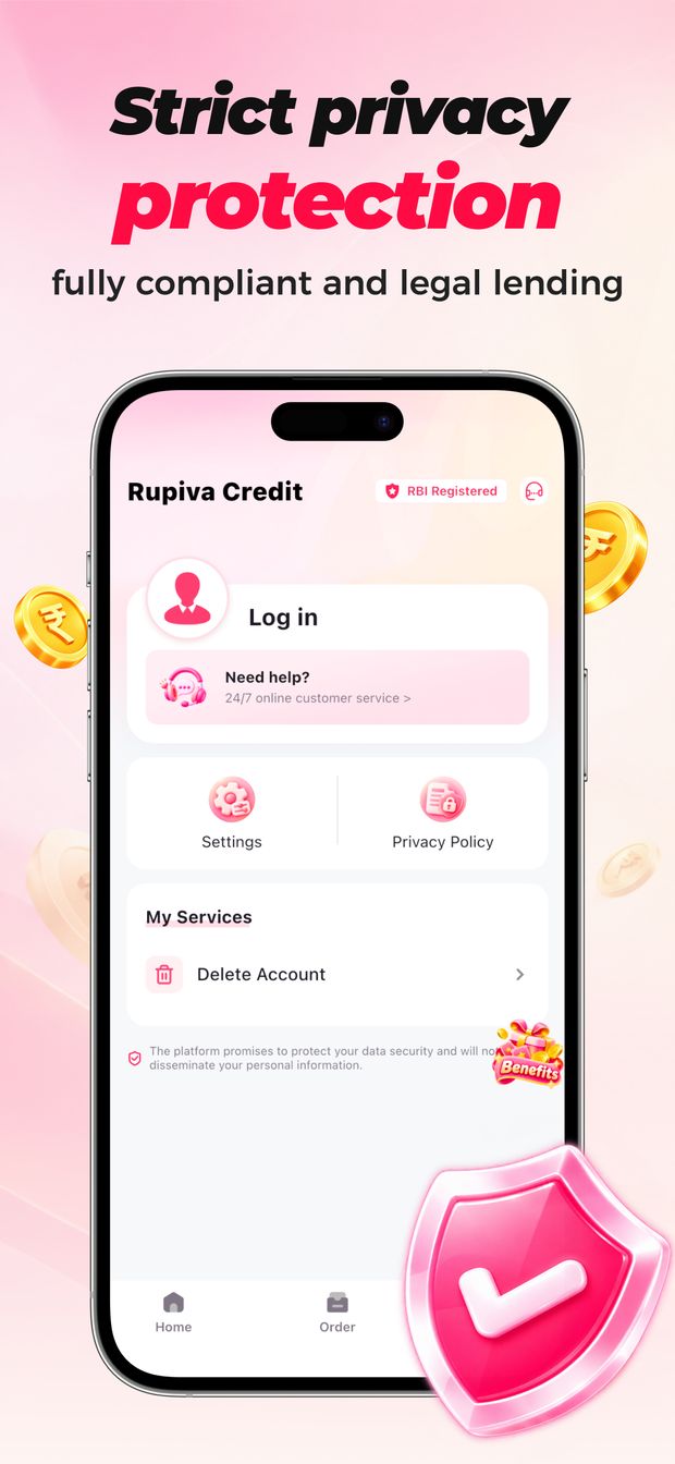 Rupiva Credit app account screen with the message Strict privacy protection