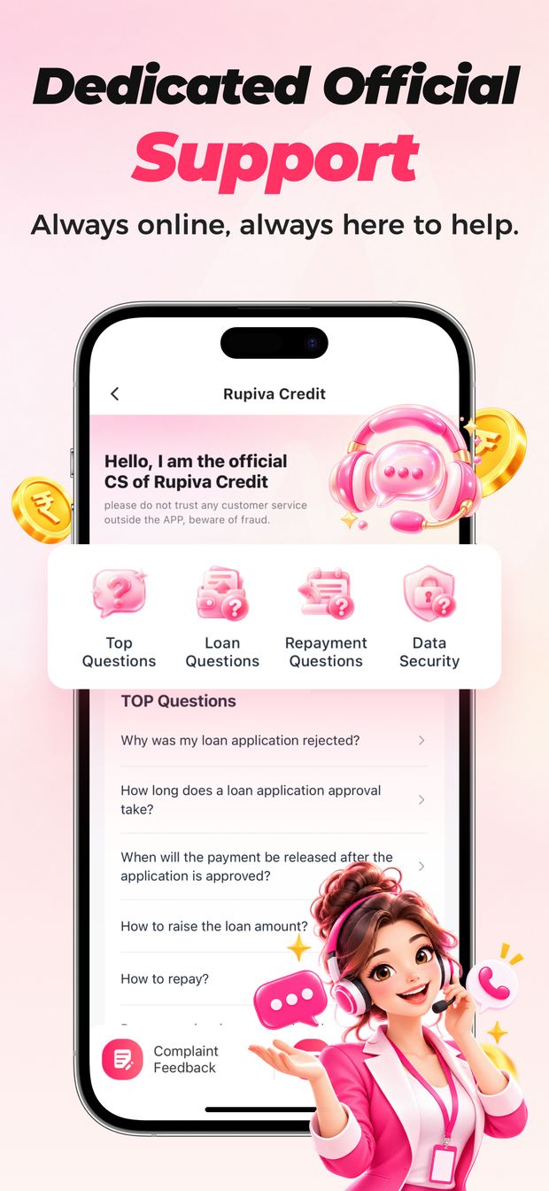 Rupiva Credit app customer support screen with common questions about loans and repayment