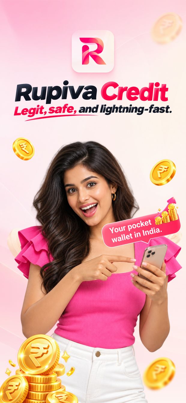 Rupiva Credit app poster with a smiling woman holding a phone and gold rupee coins
