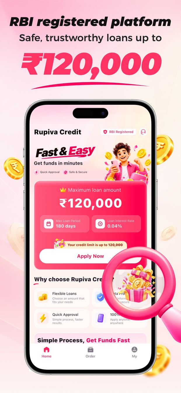 Rupiva Credit app home screen showing a maximum loan amount of INR 1,20,000
