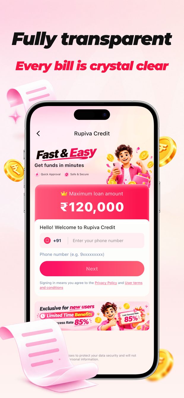Rupiva Credit app screen with the message Fully transparent, every bill is crystal clear